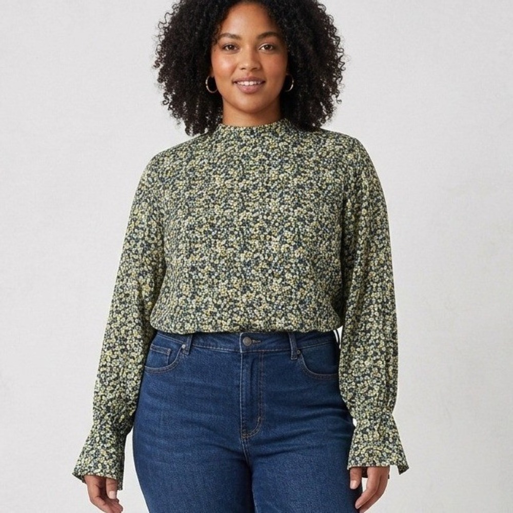 H&M Womens XL Ditsy Floral Blouse‎ Long Sleeve High Neck Yellow Green Work Chic
